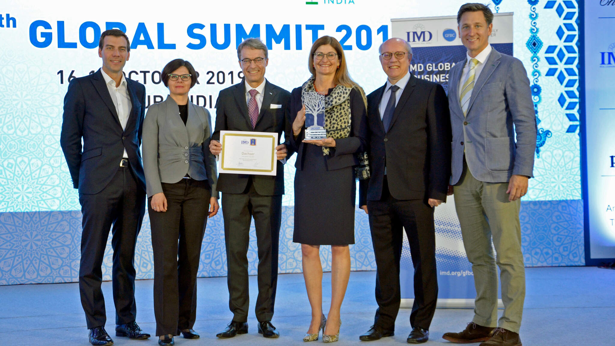 Prof. Peter Vogel, Director of IMD Global Family Business Center; Marta Widz, IMD Research Fellow; Bernhard Simon, CEO Dachser SE; Birgit Kastner-Simon, Corporate Director Corporate Marketing, Dachser SE; Prof. Benoit Leleux, IMD Global Family Business Award Director; Matthew Crudgington, Associate Director, IMD Global Family Business Center